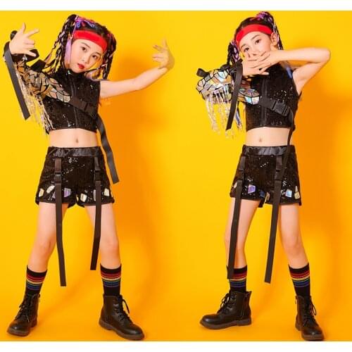 New Girls Jazz Dance Costumes ChildrenS Hip-Hop Dance Costumes Performance Costumes Black Sequins Hiphop Stage Outfits DN8588