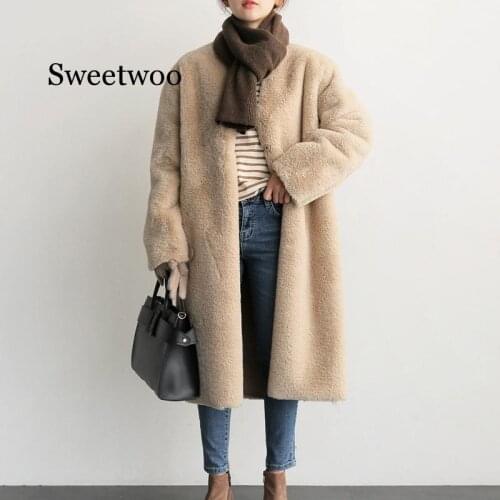 Faux fur coat Long teddy coats fur jacket Womens warm plush Pockets Overcoat Winter clothes plus size Casual fashion