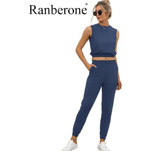 Ranberone Sleeveless Slim Casual Suit Women Sport Yoga Set Sleeveless Crop Top High Waist Leggings Workout Sportswear 2021