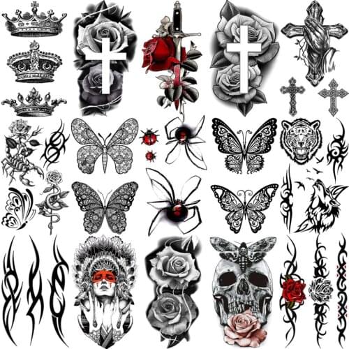 Realistic Spider Thorns Temporary Tattoos For Women Girls Kids Rose Flower Butterfly Tatoos Crown Cross Skull Fake Tattoo Small