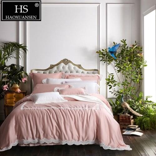 Luxury Pale Mauve Lace 4 Piece Bedding Sets Super Soft Breathable 100% Tencel Lyocell Bed Linens Queen King Size Home Textiles