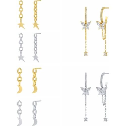 CANNER Stud Earrings For Women S925 Silver Moon Star Chain Tassel Earrings Earrings Dangle Luxury CZ Zircon Peircing oorbellen