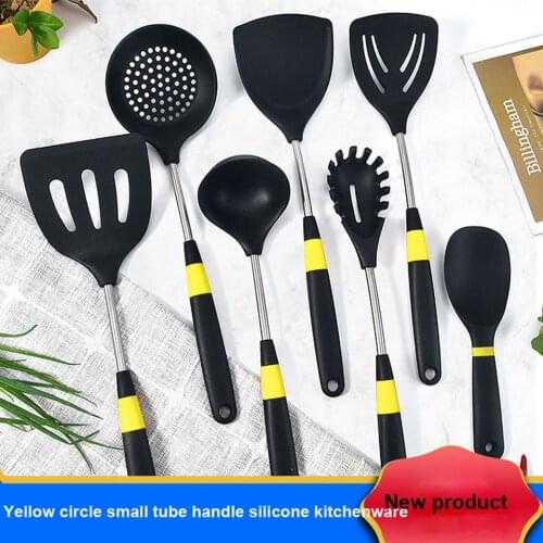 Silicone Kitchen Tools Cooking Tools Utensils Set Yellow Spatula Soup Spoon with Metal Handle Special Heat-resistant Design