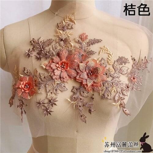 Super Lace embroidery patches Handmade flowers with Pearl sequins Eugen yarn Applique for DIY Wedding dress 1order=1pc