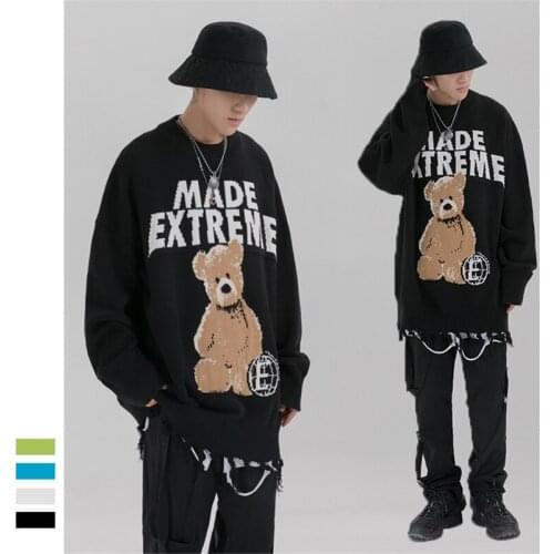 Harajuku Hip Hop Bear Print O-Neck Sweater Autumn Winter Street Fashion Couple Knitwear Men Women Hem Tassel Loose Knit Pullover