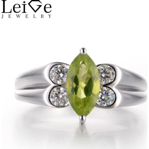 Leige Jewelry Genuine Natural Peridot Ring Wedding Ring 925 Sterling Silver Ring Marquise Cut Green Gemstone August Birthstone