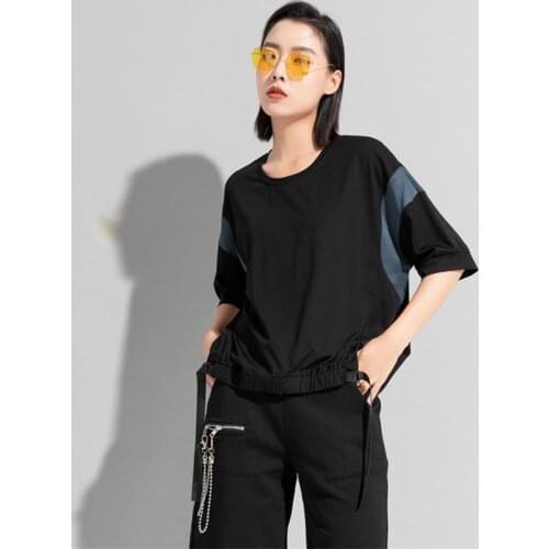 Ladies summer new color patchwork bat sleeve personality T shirt street tide brand webbing loose casual jacket women