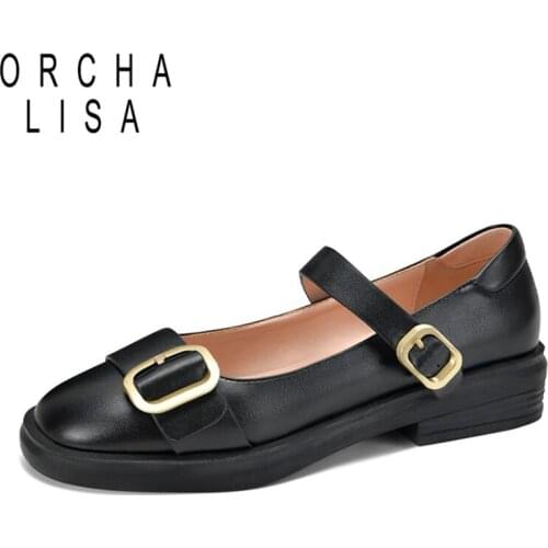 ORCHALISA 2021 New Mary Janes Flat Round Toe PU Leather 3cm Square Heel Buckle Black White 32-43 Lady Shoes Loafers Flats S2429