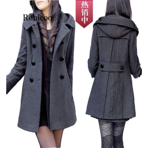 Woolen Jacket Womens Autumn And Winter New Style Double Breasted Overcoat Korean-style Mid-length Slim Fit Hooded