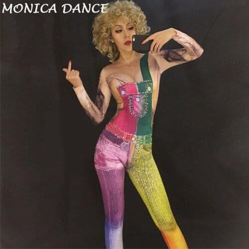 Women Sexy Dj Jumpsuit Jeans 3D Printing Nightclub Party Bodysuit Performance Stage Wear Singer Dancer Costume