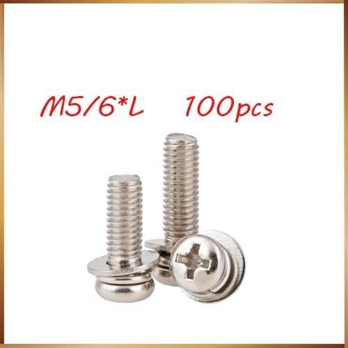 100pcs M5 M6 steel with nickel three parts Pan Head Combination screw