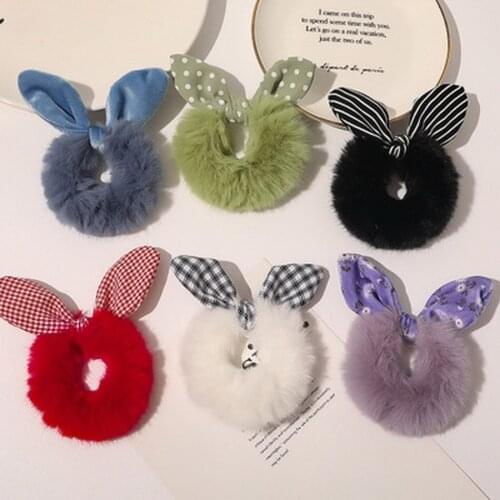 2020 Girl Soft Rabbit Fur Hair Band Bunny Ears Scrunchies Crunchy Hair Tie Rings For Women Furry Headband Winter Pink Accessory