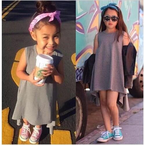 2020 New Summer Fashion Girls Sleeveless Dress Casual Cotton Irregular Baby Dress Solid Kids Girl Dress Clothes 1-5Y DS19
