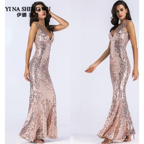 Shining Gold New adult women sequins Mermaid dress Sexy Party Nightclub long skirt deep V-neck Bright Bodysuit Costume