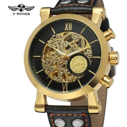Winner Luxury Golden Case Fashion Clouds Hollow Skeleton Genuine Leather Strap Clock Mens Watch Top Brand Luxury Automatic Watch