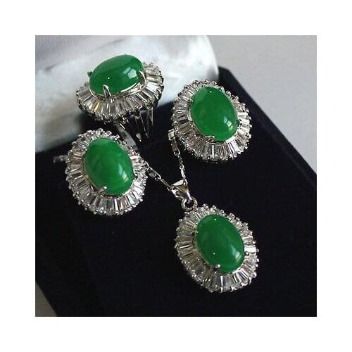 Wonderful ladys 10-14mm green natural stone beads 18KGP ring#7/8/9 pendant & earring set