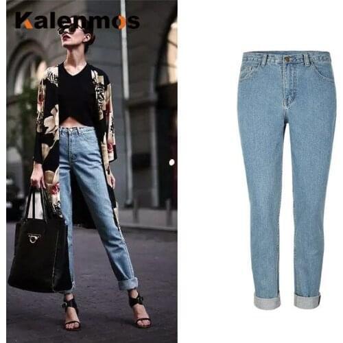 Denim Pants Women High Waist Washed Jeans KALENMONS Pocket Bleached Summer Casual Trousers Cotton Baggy Work Jean Spring Vintage
