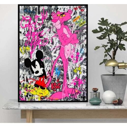 Graffiti Disney Art Pink Panther Mickey Mouse and Donald Duck Watercolor Cartoon Wall Picture on Canvas Print Kids Room Decor