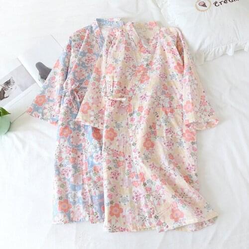 Floral Printed 100% Cotton Womens Bath Robe Soft Japanese Style Kimono Ladies Girl Pajamas Sakura Nightgown Homewear Bathrobe