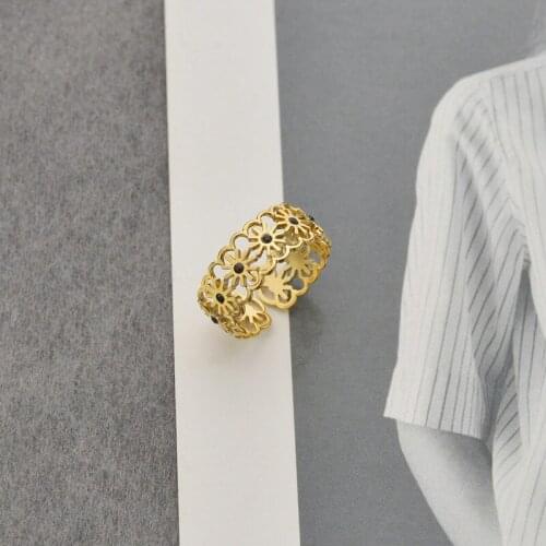 Vintage Hollow Out Flower Finger Rings For Women Adjustable Stainless Steel Open Rings Jewelry Gift Anillos Mujer
