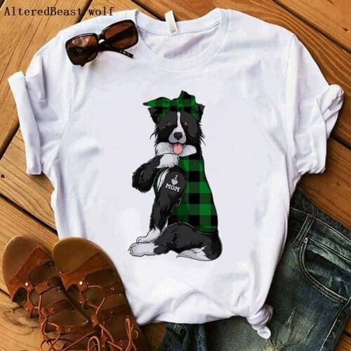 Border collie I Love Mon T-shirt 2021 Women Fashion plaid bandanas Print Harajuku Tops Tee Short Sleeve Girl Mama T shirt