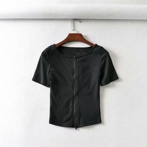 Summer new street fashion round neck knitted short-sleeved T-shirt women, solid color thinner short zipper T-shirt women