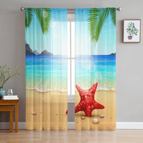 Summer Ocean Beach Starfish Green Plants Voile Tulle Sheer Curtains for Bedroom Living Room Kitchen Decor Window Curtain
