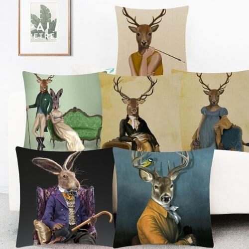 European Retro Vintage Style Animals Cushion Covers Deer Elk Rabbit Printing Linen Pillow Case