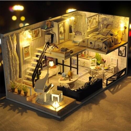 Dollhouse Miniature with Furniture, DIY Wooden Dollhouse Kit Plus Dust Proof Q6PD