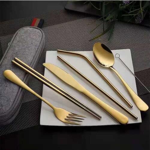 Reusable Travel Cutlery Set with Metal Straw, Spoon, Fork, Chopsticks Kitchen Accessory With Box, 304 Stainless Steel 7pcs
