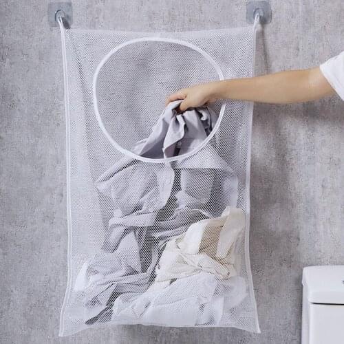 Wall Hang Dirty Clothes Bag Multifunctional Laundry Storage Bag Portable Net Mesh Laundry Hamper Folding Hanging Storage Basket