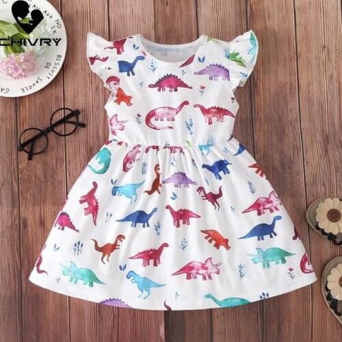 New 2020 Summer Dresses Baby Girls Dinosaur Print Short Sleeve O-neck A-line Sundress Summer Princess Dresses for Little Girls