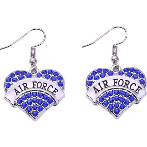 New Arrival 5pair a lot Rhodium Plated With Crystal Heart Letter AIR FORCE Drop Earring