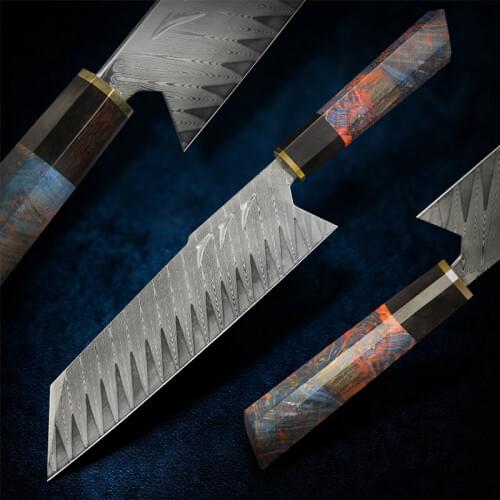 FZIZUO Damascus Steel Santoku Knife Handmade Japanese Tanto Chef Knife with Sheath 8inch Bunka Knife Vegetable Slicing Knives