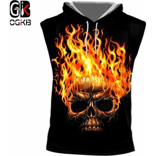 OGKB Mens Sleeveless Hoody Cool Print Flame Skull 3d Hooded Tank Top Cap Vest Singlets Man Hiphop Oversized Tops Unisex Summer