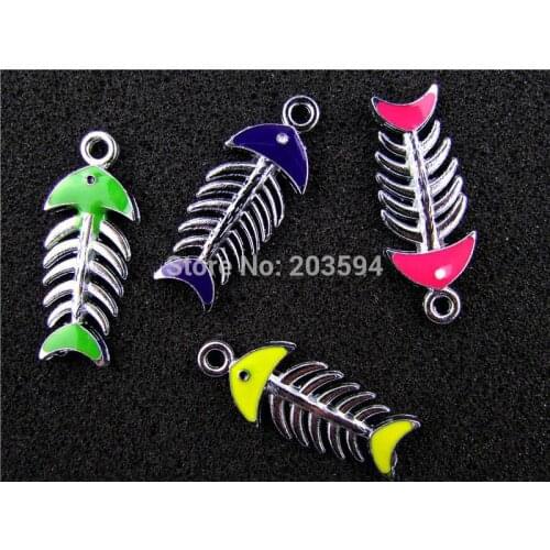 AE393 Mix Color 100Pcs Alloy Metal Enamel Fish Bone Charms Pendants 33x13mm bead