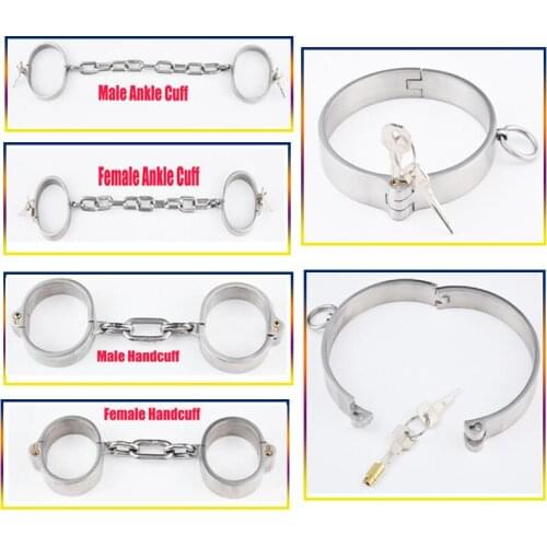 SM Stainless Steel Sex Lockable Slave Neck Collar Handcuffs Ankle Cuffs Bondage Shackles Leg Irons Restraints SexToys For Couple