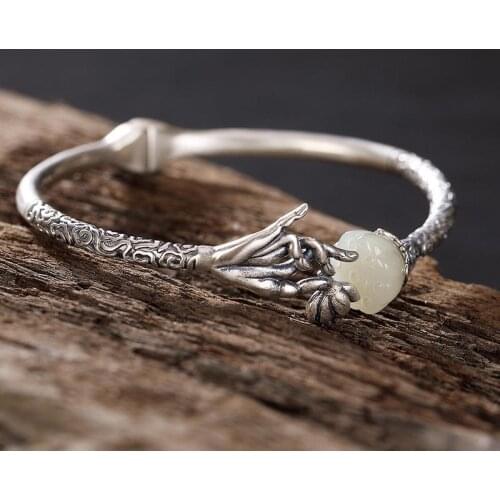 Silver inlaid natural Hetian white Chalcedony lotus Bracelet Chinese style retro Guanyin hand orchid adjustable womens jewelry