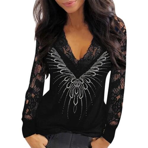 Spring Summer Black Lace Tops Blouses Woman Casual Long Sleeve Rhinestone Bling Blouses For Party Casual V-Neck Tops Tunics