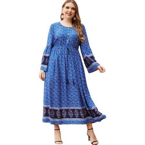 Spring Summer Muslim Robe Womens Long Sleeve Round Neck Print Slim Blue Big Swing Dress Arab Woman Flower Abaya Plus Size 4XL