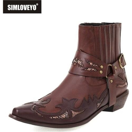 SIMLOVEYO 2021 Knight Ankle Boots Lace Up Cowboy Appliques Embroider Short Plush Belt Buckle Thick Heel US17 Black Brown A4425