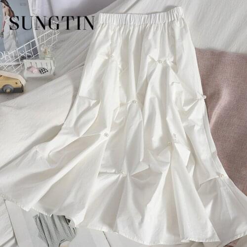 Sungtin Korean A Line Pleated Elastic High Waist Skirts Women Spring Pearl Solid Loose Long Skirts Female Design Skirt Chic New