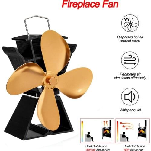 Heat Powered Stove Fan 4 Blades Gold Fireplace Fan Komin Log Wood Burner Eco Friendly Fan Efficient Heat Distribution For Winter