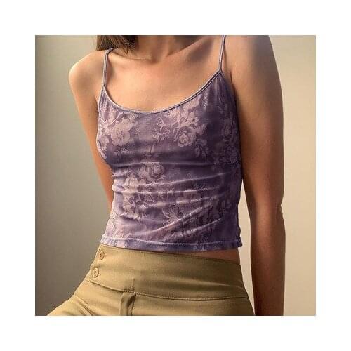 Vintage Floral Pattern Purple Crop Tops for girl Y2K Aesthetics Summer Spaghetti Straped Backless Mesh Cami baby Cute Sleeveless