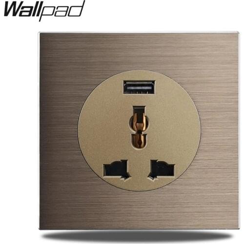 Wallpad L6 EU UK Universal Wall Power Socket With 2.1A USB Charging Outlet Brown Brushed Aluminum Panel 86 * 86mm