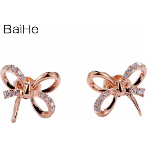 BAIHE Genuine Solid 14K Rose Gold 0.14ct H/SI Natural Diamonds Trendy Fine Jewelry Bowknot Stud Earrings Women Cерьги Cережки