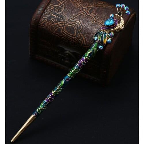 Muylinda Retro Women Cloisonne Enamel Crystal Peacock Hair Stick Hairpin Chinese Style Handmade Hair Accessories