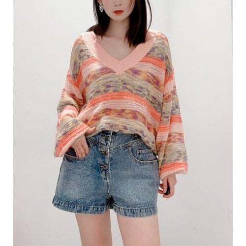 Lazy Oaf V Neck Sweater Women Pullover 2021 Autumn Mix Colors Striped Sweater Ladies Loose Jumpers Knitted Sweater