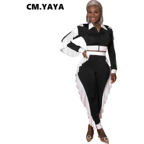 CM.YAYA Women Autumn Two 2 Piece Set Patchwork Mini Jacket and Edible Tree Fungus Pants Matching Set INS Active Tracksuit Outfit
