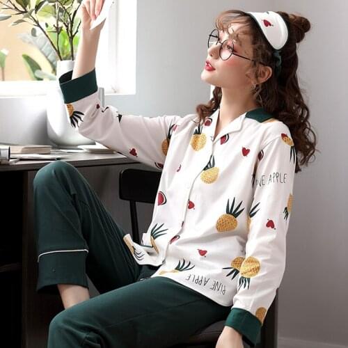 Womens Spring And Autumn Cotton Long Sleeve Summer Cute Cartoon Pajamas Set